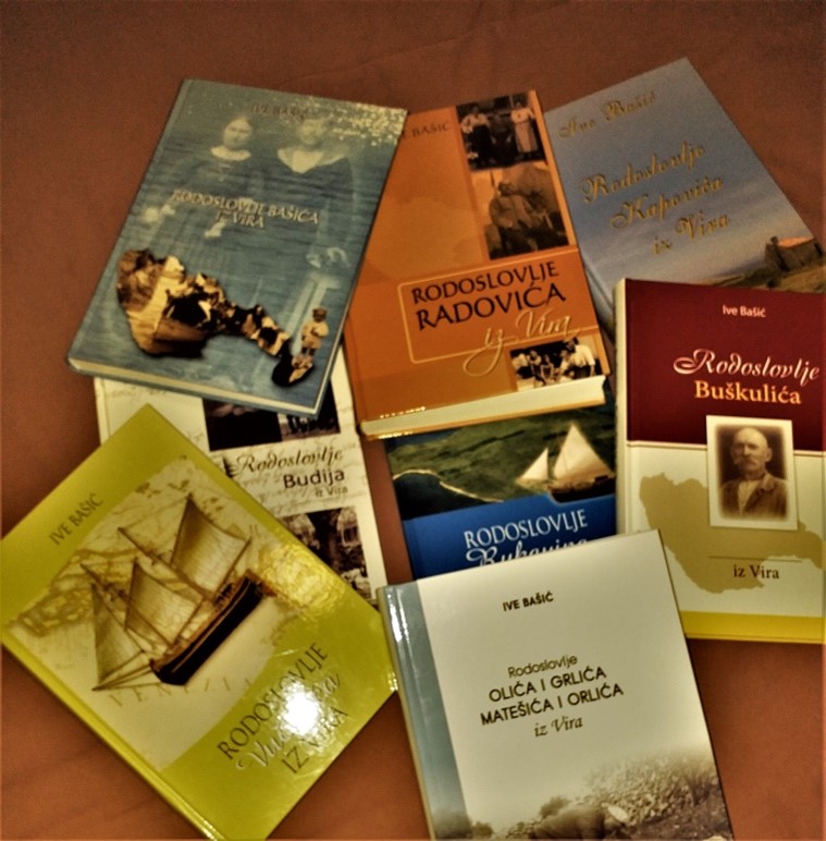 Osam od dosadašnjih jedanaest Bašićevih knjiga s rodoslovima starih virskih rodova i obitelji. One tri kojih na ovoj slici nema mogu se naći još samo u bibliotekama ili obiteljskim knjižnicama 
