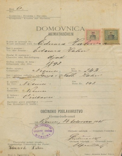Domovnica koja je slijedom zapisa u Knjizi zavičajnika u Nijemcima izdana đaku Edouardu Hahnu. Ta je isprava ujedno bila i putovnica.
