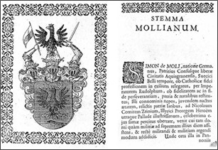 Grb i opis rodoslovlja Šimuna de Mollija, komornika Hrvatskog kraljevstva (preuzeto iz članka Z. Blažević u "Senjskom zborniku" br. 26/1, 1999.) 